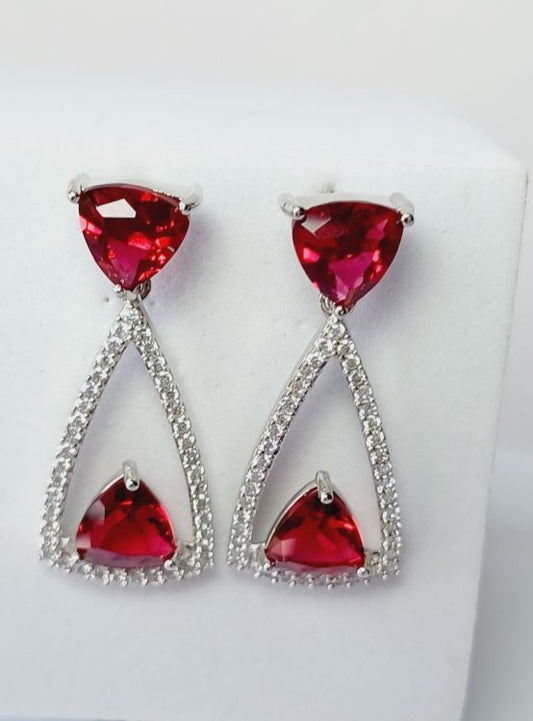 American Diamond Red Anna Drop Earrings in Silver Plating