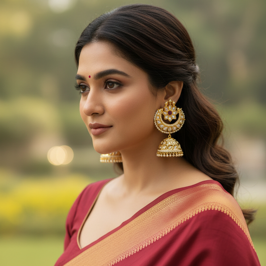 Red Bhama Kundan Chandbali Jhumki