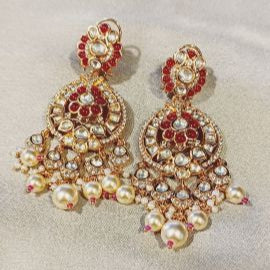 Kundan Red Cavery Dangle Earrings with Pearl Hangings