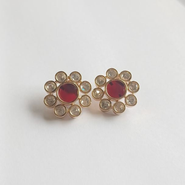 Red Dhanvi Kundan Studs with Carat Plating on Brass