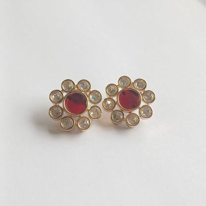 Red Dhanvi Kundan Studs with Carat Plating on Brass