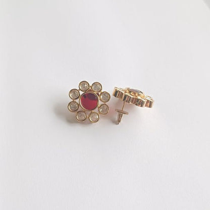 Red Dhanvi Kundan Studs Gold