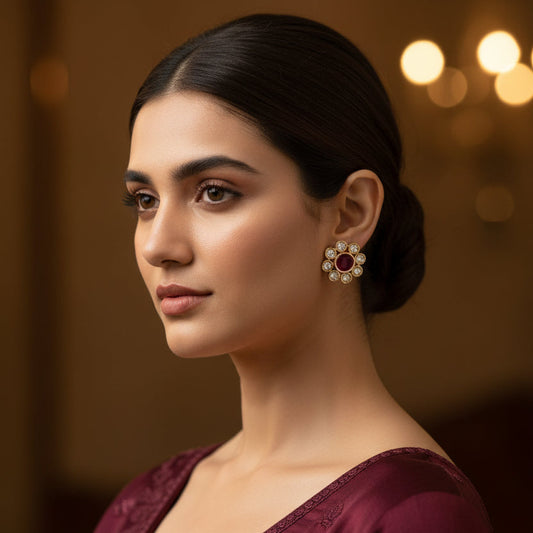 Red Dhanvi Kundan Studs Gold