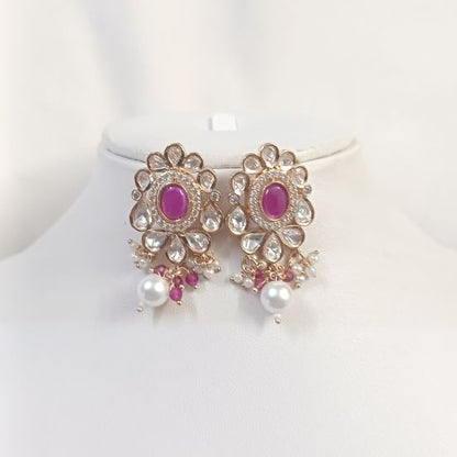 Pink Dhara Kundan Drop Earrings with Carat Gold Plating on Brass