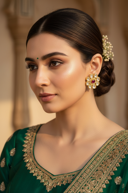 Red Floral Kundan Studs