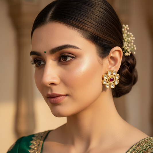 Red Floral Kundan Studs