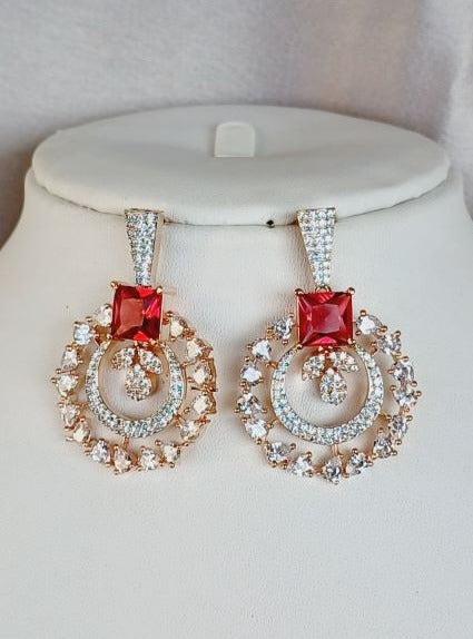 American Diamond Red Kamya Chandbali Earrings in Rose Gold