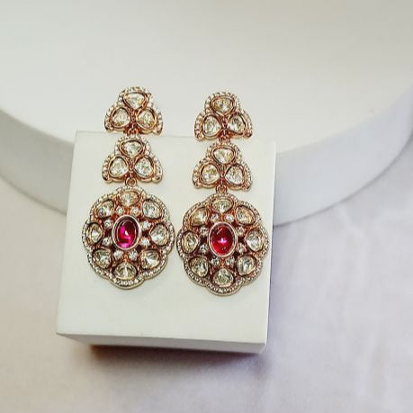 Red Mukta Kundan Dangle Earrings