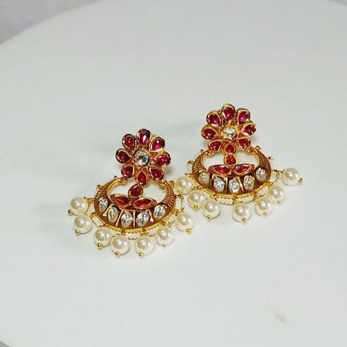 Red Ramya Kundan Chandbali Earrings