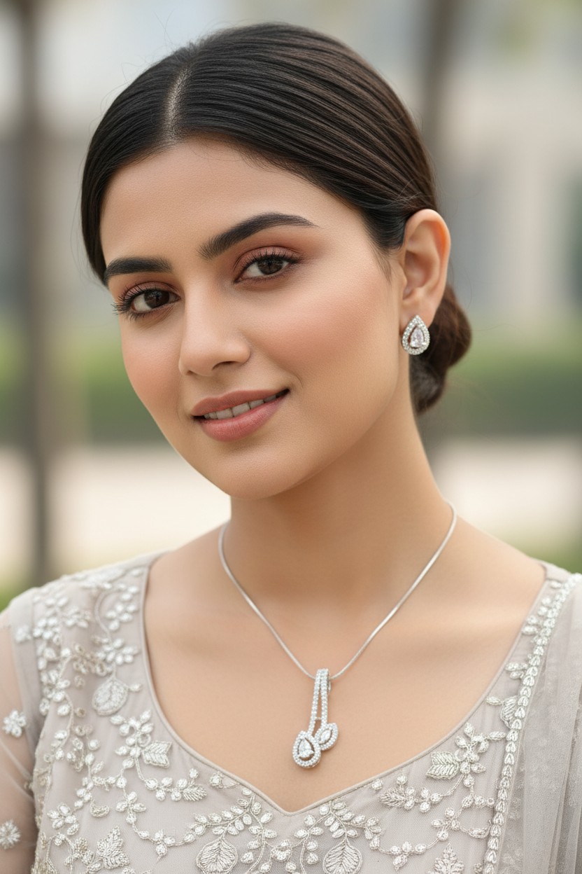 Silver Bharti Diamond Pendant Set