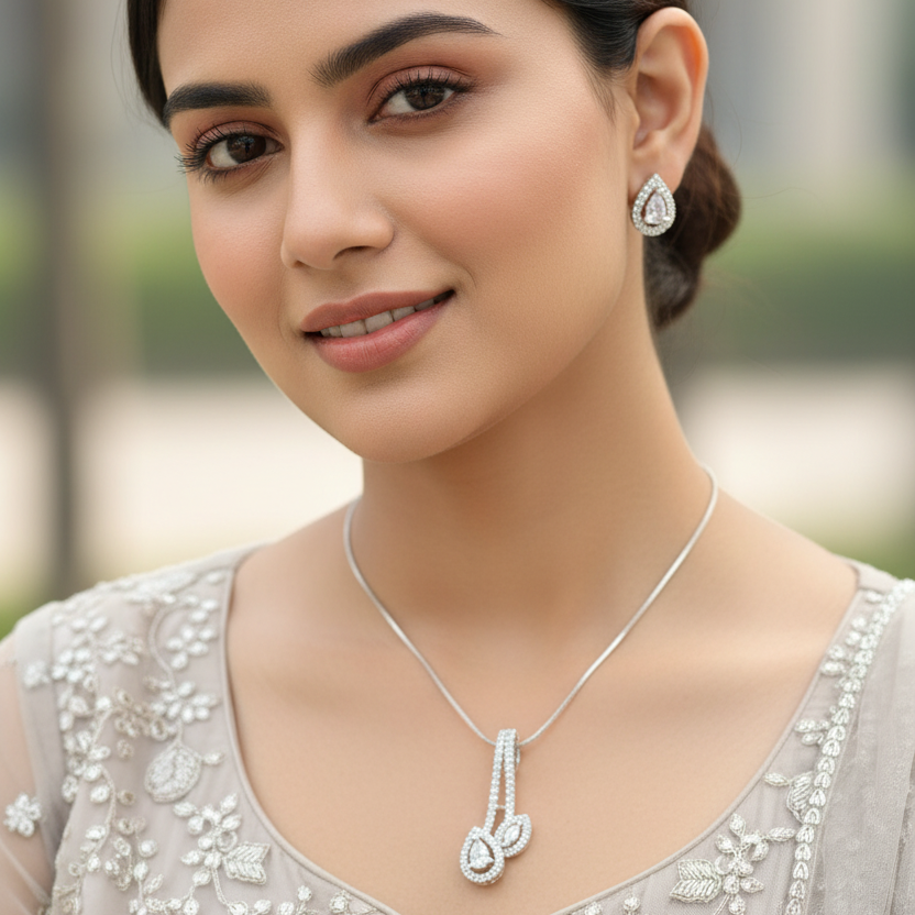 Silver Bharti Diamond Pendant Set