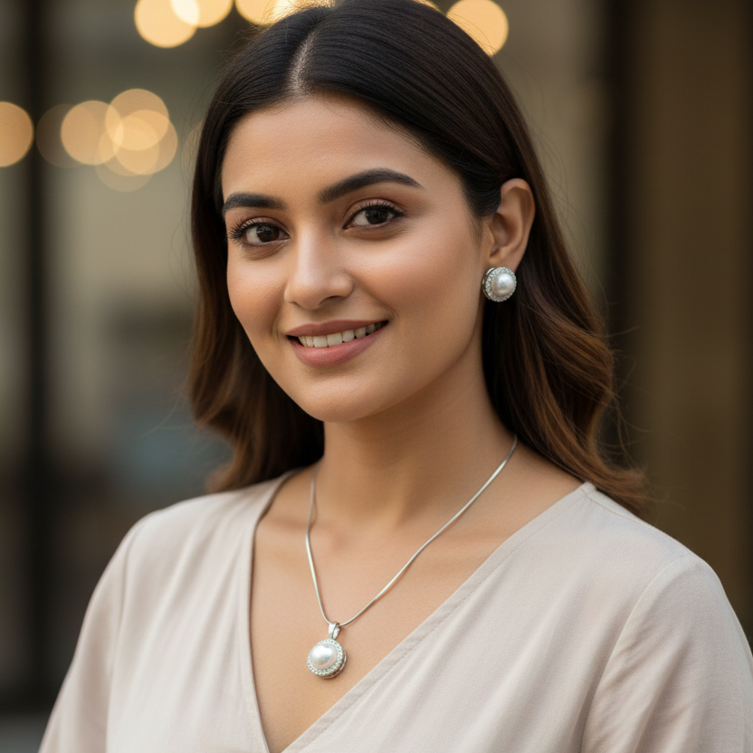 Silver Chandi Diamond Pendant Set