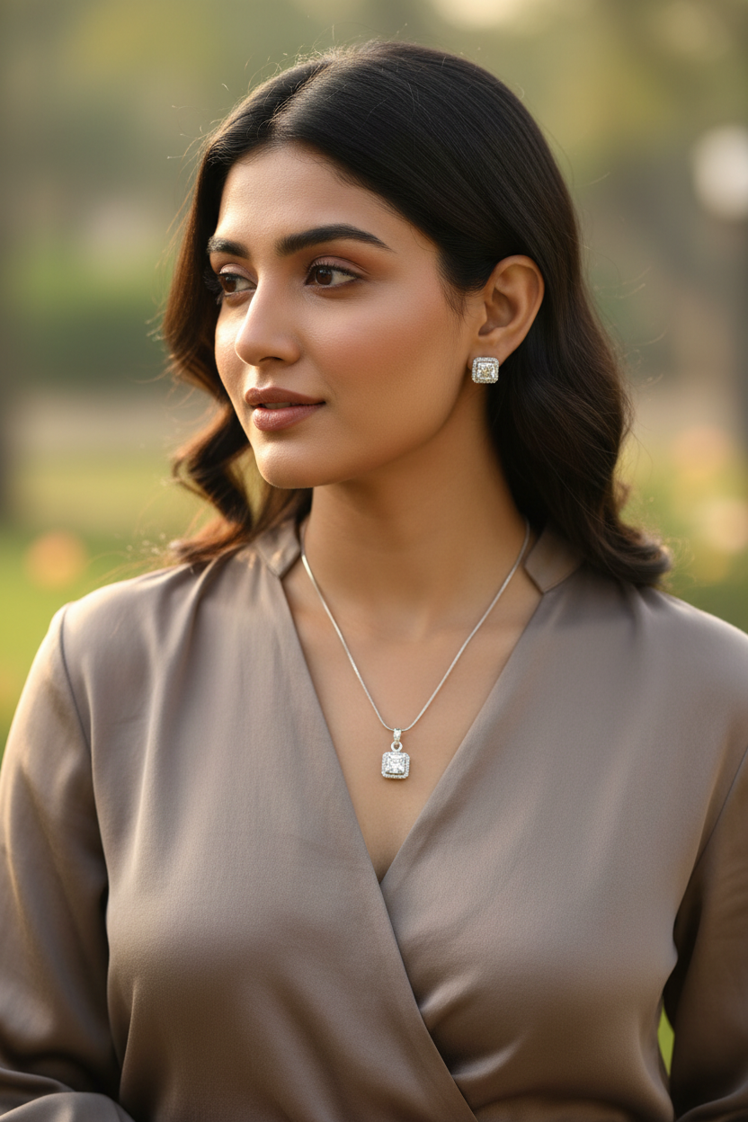 Silver Ekavali Diamond Pendant Set