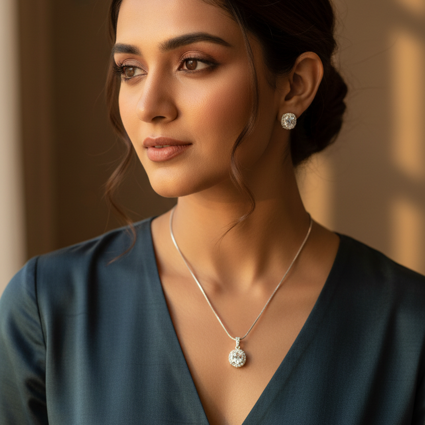 Silver Emie Diamond Pendant Set