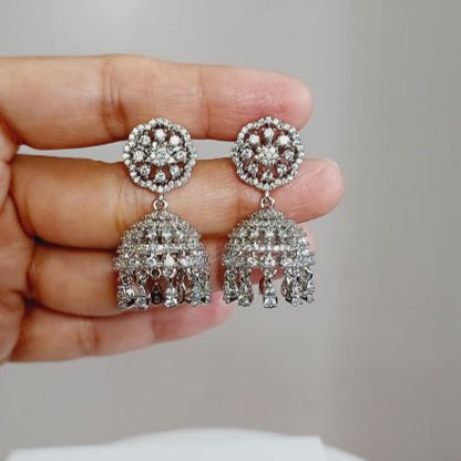 American Diamond Silver Hirva Jhumki Earrings