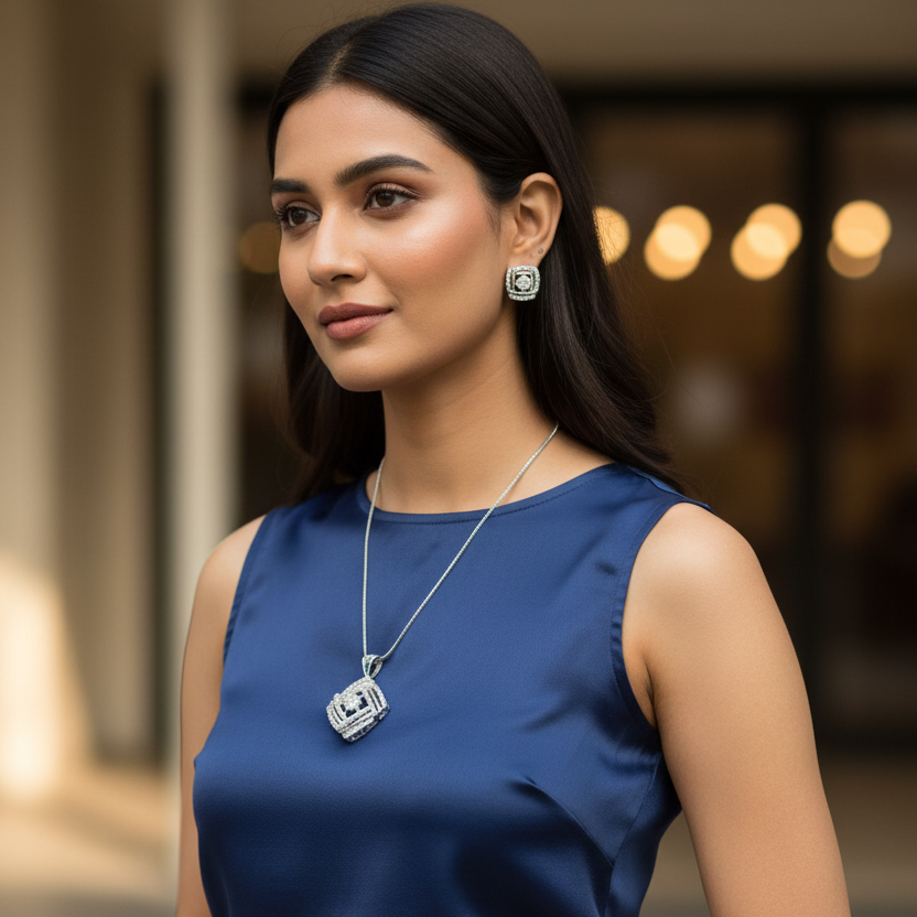 Silver Riddhi Diamond Pendant Set